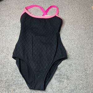 Talbots swimsuit 10 Black Quilted One Piece Pink‎ Trim Criss Cross Back Women